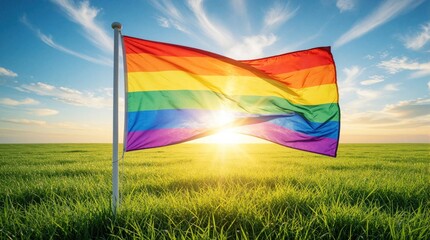 Naklejka premium Vibrant rainbow pride flag waves on pole in rich green field. Colorful LGBTQ flag flies under blue sky with sun rays. Symbol of equality, diversity in beautiful nature landscape during summer day.