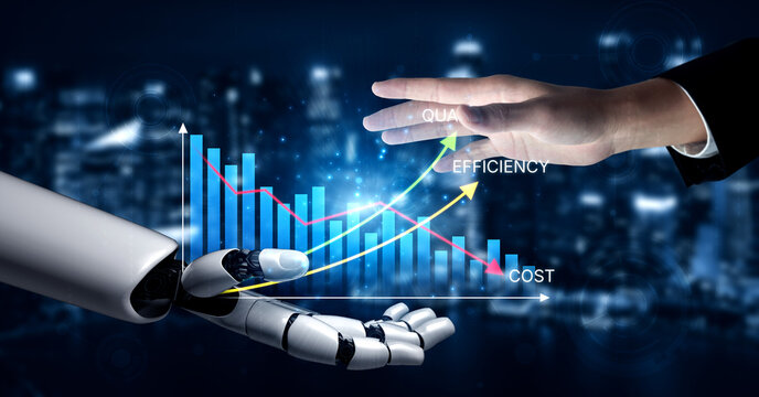 Robot Hand Reaching Out for Human Collaboration in Business Environment with Graphs Symbolizing Quality, Efficiency, and Cost Analysis. Bitwise.