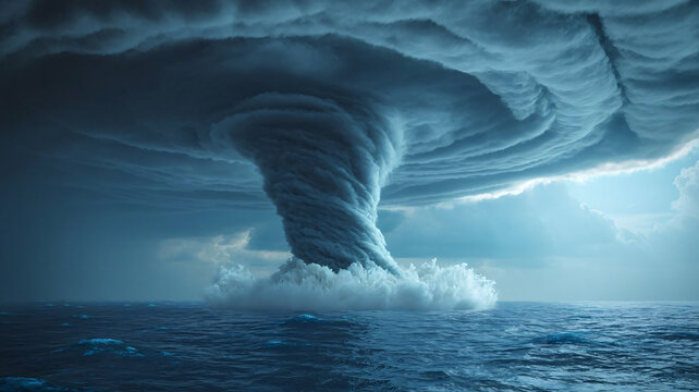 Massive ocean tornado known as a waterspout spinning beneath dark storm clouds