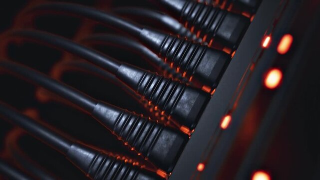 Close-up of Black Cable Connectors in Server with Glowing LEDs
