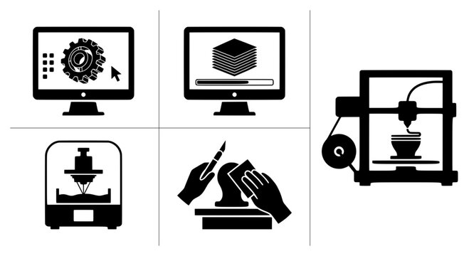 3D printing process silhouettes with computer design, 3D printer and finishing, technology for logo