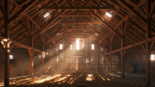 Empty barn hayloft with timber beams and light through gaps