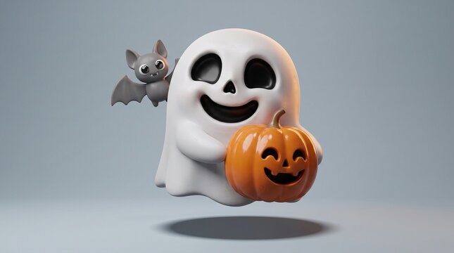 A cute cartoon ghost holding a jack o lantern with a small bat