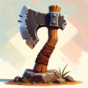 Cartoon axe with sharp metal blade, wooden handle stuck in stone. Fantasy battle tool survival hatchet sits on rock ground with grass. Simple graphic clipart for camping gear, woodworking, adventure