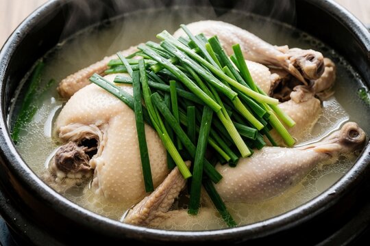 Traditional Korean Baeksuk chicken soup in black stone pot. Whole boiled chicken with green chives in hot steaming broth. Healthy Asian poultry meal with herbs, garlic served in earthenware vessel
