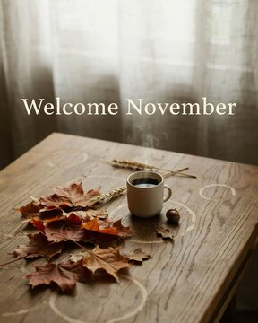 Welcome November Morning Coffee With Autumn Leaves