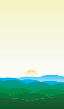 A vertical landscape of a sunrise featuring green and blue mountain ranges with a whitish-yellow sky with an orange gradient sun.