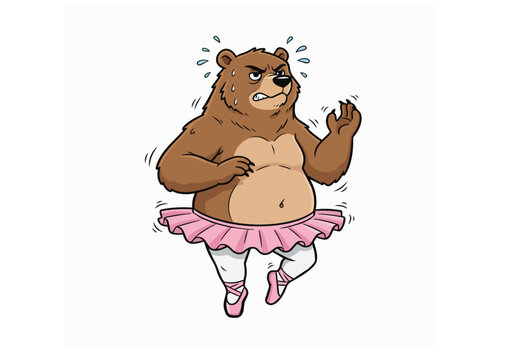 Funny cartoon brown bear wearing a pink tutu skirt and ballet shoes dancing awkwardly with an angry expression vector illustration for humor designs.