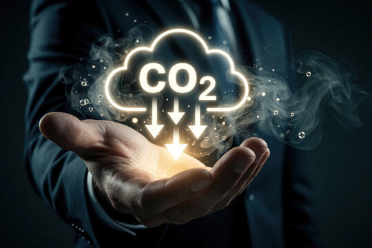 Businessman hand holds glowing CO2 cloud icon with downward arrows. Concept of carbon footprint reduction, lowering gas emissions. Pro person shows climate change solution for eco sustainability,