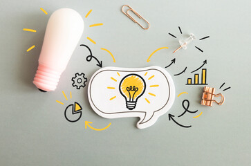 Creative Brainstorming and Idea Development Concept with Light Bulb, Speech Bubble and Hand Drawn Business Doodles. © Uladzislau