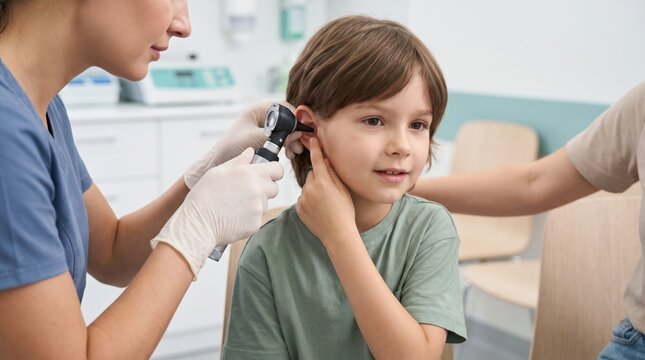 Pediatrician examining young boy ears with an otoscope in a medical clinic. Essential healthcare and pediatric checkup for children in a modern doctor office.