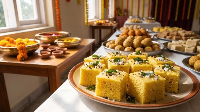 Traditional Indian sweets and snacks arranged on festive tables during celebration. Authentic cultural cuisine and holiday feast showcasing rich flavors for seasonal events and gatherings.