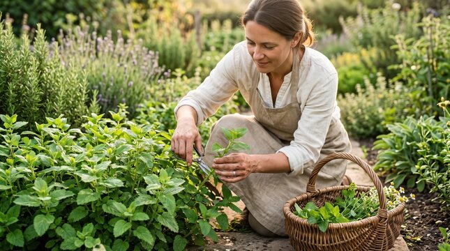 Woman harvesting fresh herbs with scissors in a lush green garden. Sustainable organic gardening lifestyle and mindful selfcare for wellness, healthy cooking, and herbalism.