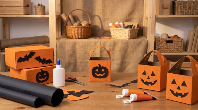 Handmade Halloween craft decorations with cardboard boxes on a wooden table. Creative DIY seasonal projects for festive holiday celebration, spooky party prep, and family crafting.