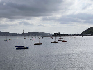 Small sailing boats and dinghies lie moored on calm, silvery water under an overcast sky, with wooded hills, a shoreline and a marina with masts visible in the distance. © AnyaWhy
