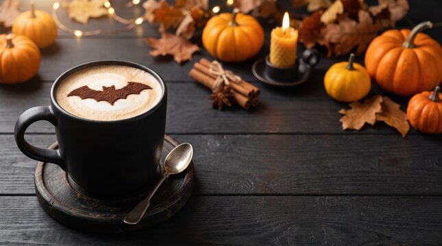 Black mug of coffee with a bat dusted on foam beside mini pumpkins and autumn leaves. Cozy seasonal autumn morning mood with warm beverage and spooky decor for Halloween lifestyle inspiration.