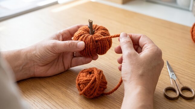 Hands making a small yarn pumpkin decoration on a wooden table. Cozy autumn DIY craft project for seasonal home decor, hobbies, and handmade lifestyle.