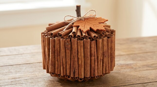DIY cinnamon stick pumpkin decoration on a wooden table. Cozy autumn and thanksgiving handmade home decor celebrating seasonal warmth, rustic crafts, and harvest lifestyle.