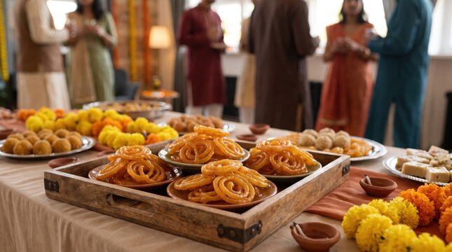 Traditional Indian sweets and jalebi on a festive banquet table with family gathering. Cultural celebration and holiday feast offering authentic culinary treats for social gatherings and.