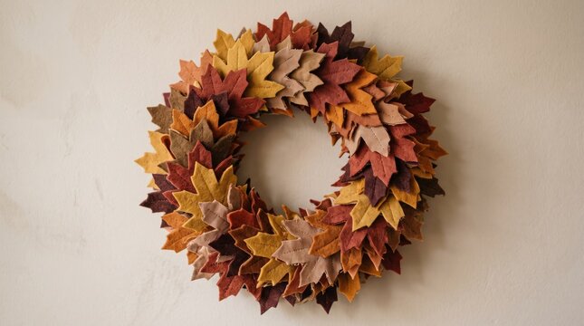 Autumn maple leaf wreath made of fabric on a neutral wall. Cozy seasonal home decor for festive fall lifestyle, Thanksgiving celebration, and rustic interior styling.