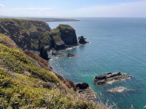Anglesey, Wales: Rugged sea cliffs and rock stacks rise from calm blue-green water, with heather and grass covering the foreground slope and a headland extending into the hazy distance under a pale sk