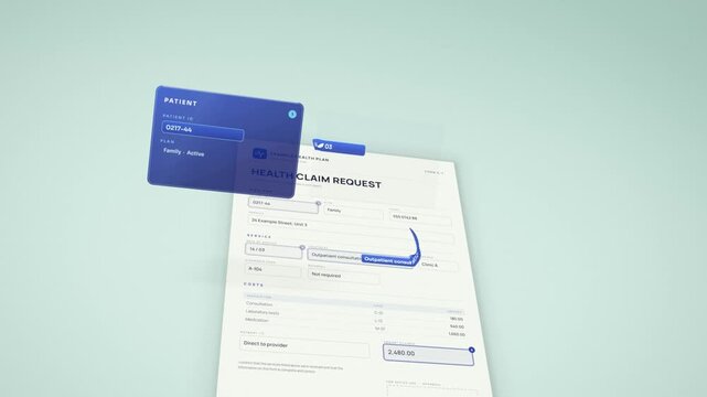 Health insurance claim processing animation, form data extracted into cards and approved with shield stamp