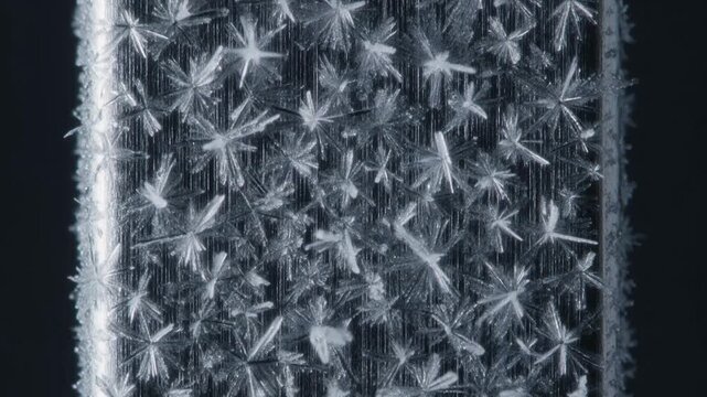Cold air freezes glass pane with intricate frost patterns. Frost grows delicately across surface in slow-motion sequence. Detail captures crystalline beauty of winter's delicate art