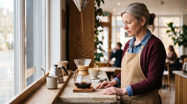 Cafe worker watches a floating coffee ribbon in sunlight