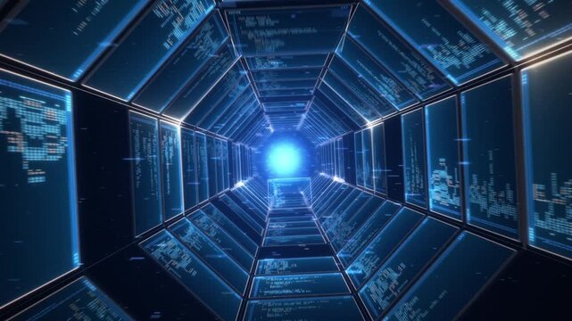 Futuristic digital code tunnel background, flying forward through octagonal corridor of glowing blue screens