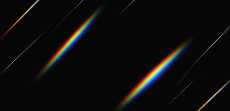 Abstract background with diagonal light streaks and colorful rainbow prism refraction effects