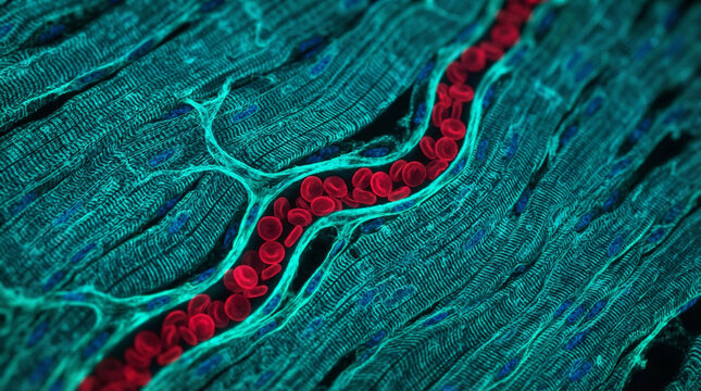 Red blood cells flowing through a capillary vessel in human muscle