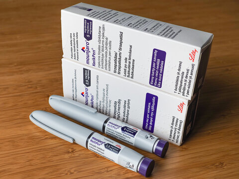 Mounjaro KwikPen of 2.5 mg, 5 mg, with boxes for subcutaneous injections. Tirzepatide is a gastric inhibitory polypeptide (GIP) analog and GLP-1 receptor agonist, that improves blood sugar.