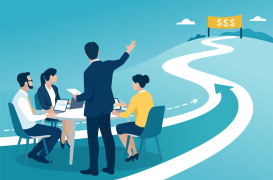 A leader pointing to the goal. An illustration of a work team collaborating at a table in the foreground, with a winding path stretching into the distance toward a financial goal. Vector illustration