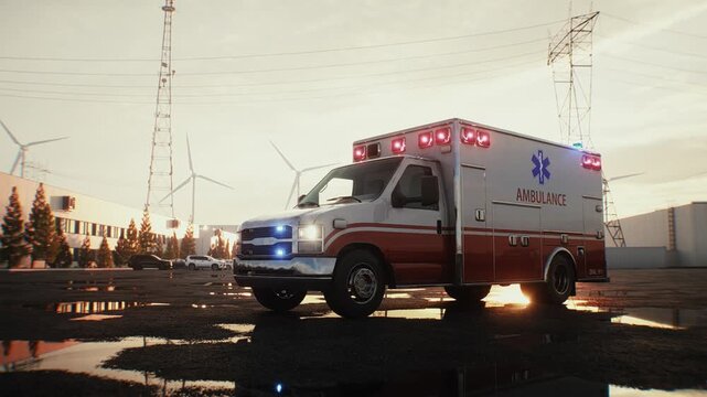 Emergency Ambulance Parked Outdoors at Sunset, Healthcare and Emergency Medical Services Concept.