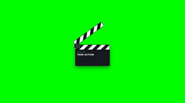 Animated clapperboard snapping on green screen background for video editing.