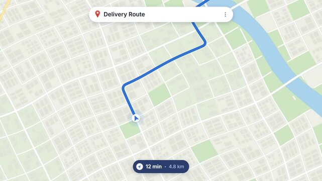 Delivery route GPS navigation map animation, arrow following path to destination pin until arrival