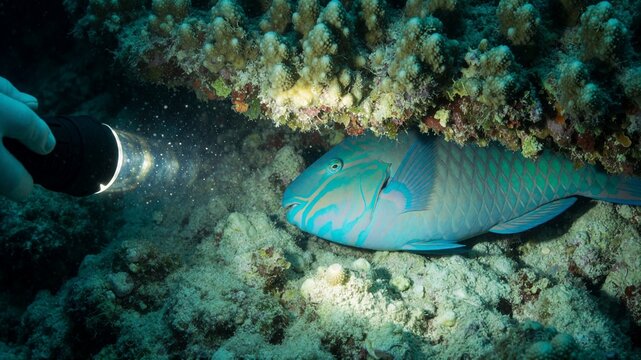 Diver illuminates sleeping parrotfish on coral reef at night