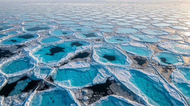 Aerial view of cracked sea ice and turquoise meltwater pools