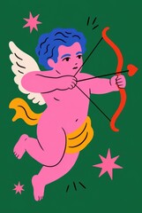 Fototapeta premium A vibrant, colorful vector illustration of a pink cupid flying with wings, aiming a red bow and arrow against a dark green background with pink stars.