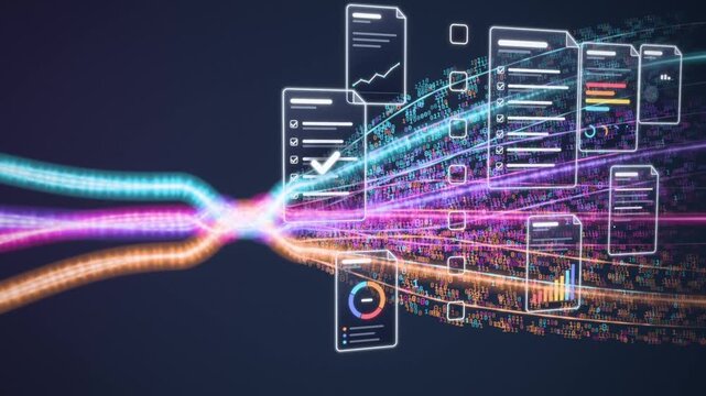 Data integration concept, light streams merging into binary code and holographic reports with checkmarks