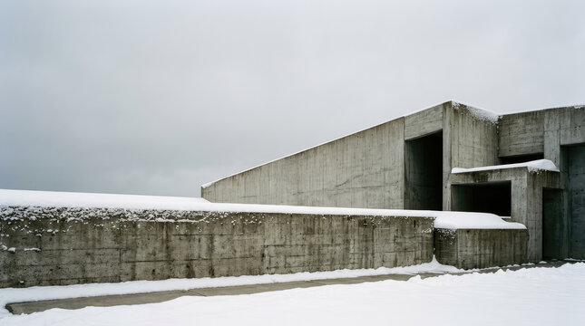 Karlı Manzarada Yalnız ve Terk Edilmiş Br&uuml;talist Beton Yap