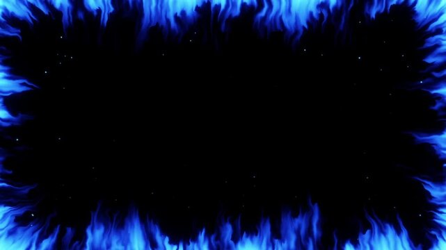 Fire frame border of blue flames burning around screen edges with black copy space center, seamless loop