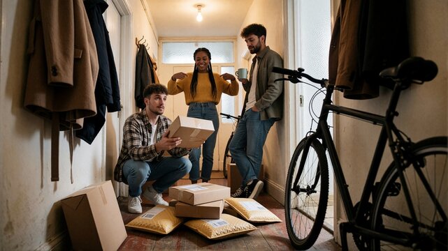 Three roommates unboxing delivery parcels in home hallway