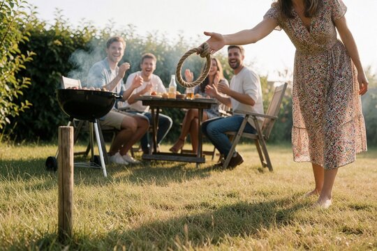 Woman playing ring toss at a backyard barbecue party