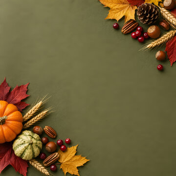 Autumn Harvest Flat Lay with Pumpkins, Maple Leaves, Nuts and Pine Cones on Olive Green Background