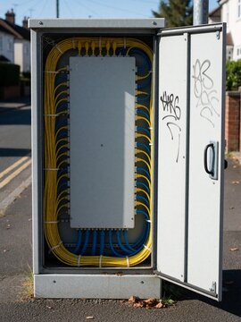 Open fibre optic street cabinet with yellow cables