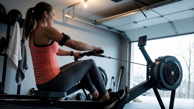 Fit woman using a rowing machine in a garage gym
