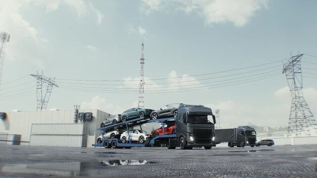 Car Carrier Truck Loaded with Vehicles Parked at a Logistics Hub Near Warehouses.