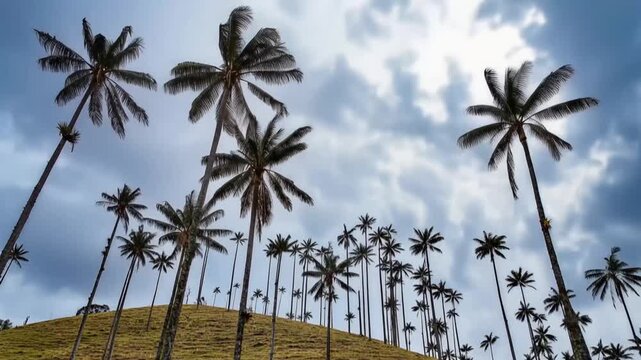 Quindio Wax Palm Ceroxylon quindiuense Growing on High Altitude Mountain Slopes. Time Lapse. Establishing Shot.