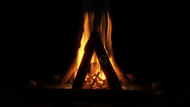 Campfire with warm orange flames burning inside teepee of logs in darkness, seamless loop
